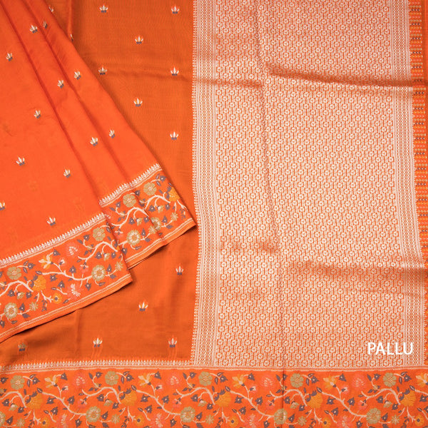 Raw Silk Orange With Zari Buttas And Floral Border