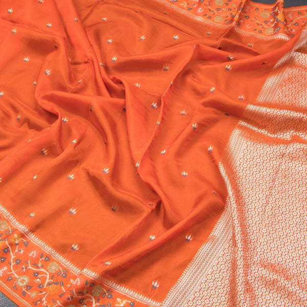 Raw Silk Orange With Zari Buttas And Floral Border