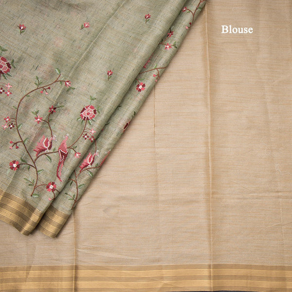 Semi Linen Green Floral Thread Work Saree 02
