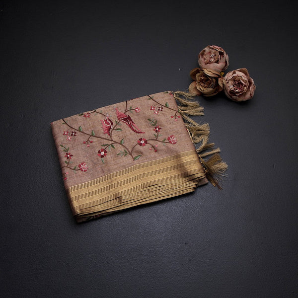 Semi Linen Light Brown Floral Thread Work Saree