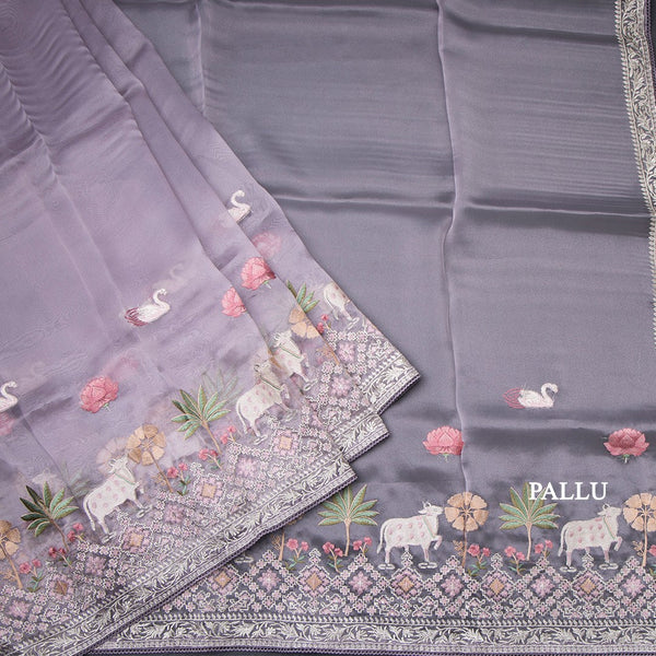 Organza Lavender Traditional Thread Work Saree