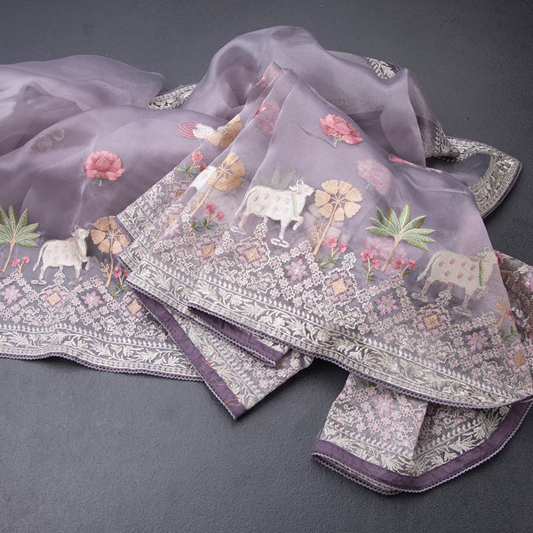 Organza Lavender Traditional Thread Work Saree