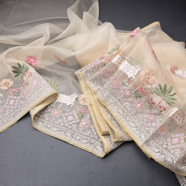 Organza Cream Traditional Thread Work Saree