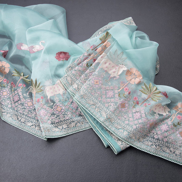 Organza Turquoise Blue Traditional Thread Work Saree