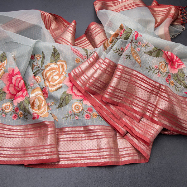 Kota Sky Blue Stylish Thread Work Saree With Zari Border