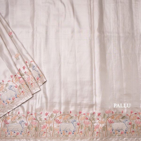 Fancy Silk Cream Traditional Thread Work Saree