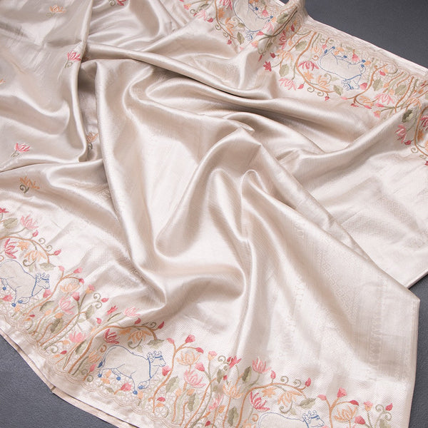 Fancy Silk Cream Traditional Thread Work Saree