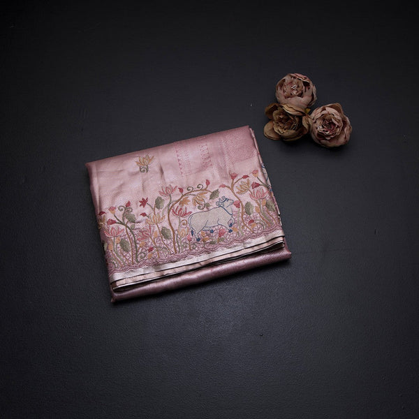 Fancy Silk Rose Pink Traditional Thread Work Saree