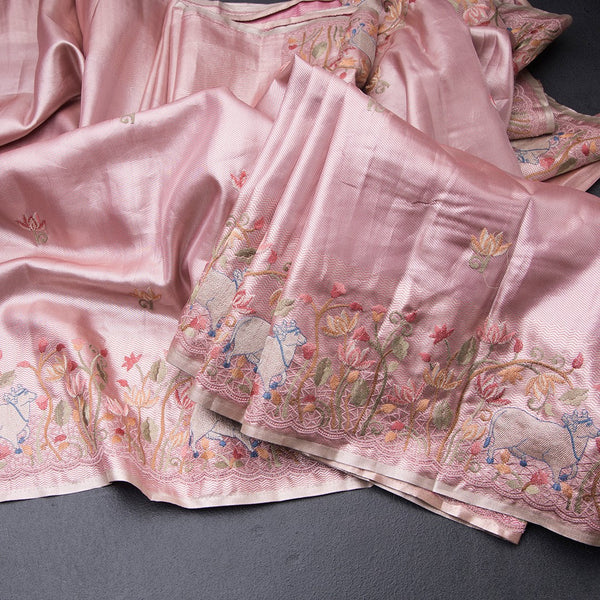 Fancy Silk Rose Pink Traditional Thread Work Saree