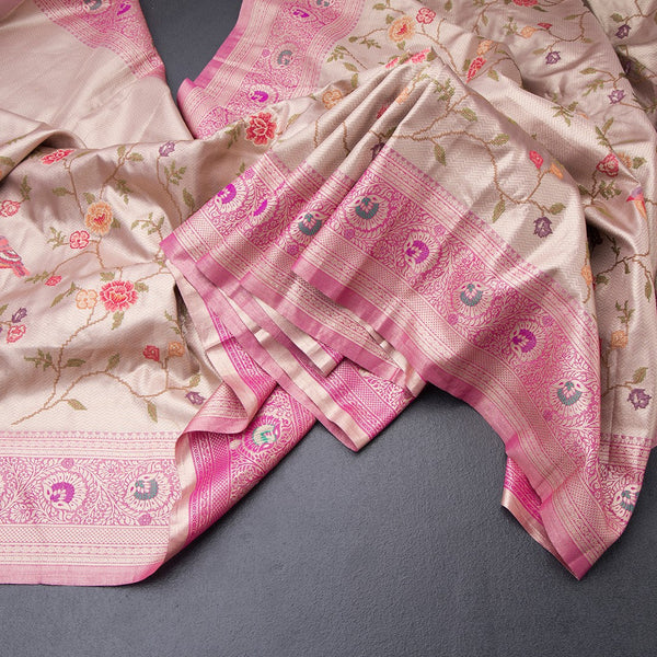 Fancy Silk Light Brown Stylish Thread Work Saree With Zari Border