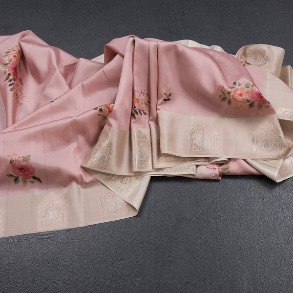 Satin Silk Light Peach Floral Printed Saree With Zari Border