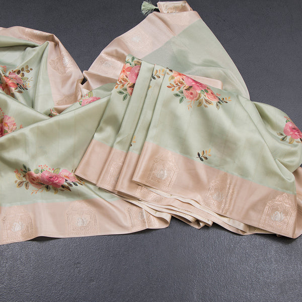 Satin Silk Pista Green Floral Printed Saree With Zari Border
