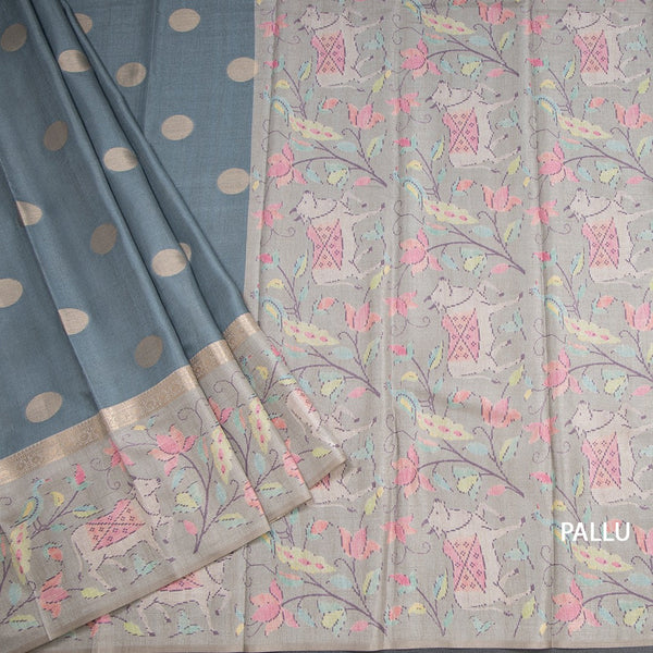 Tussar Sage Green Saree With Zari Buttas And Printed Border