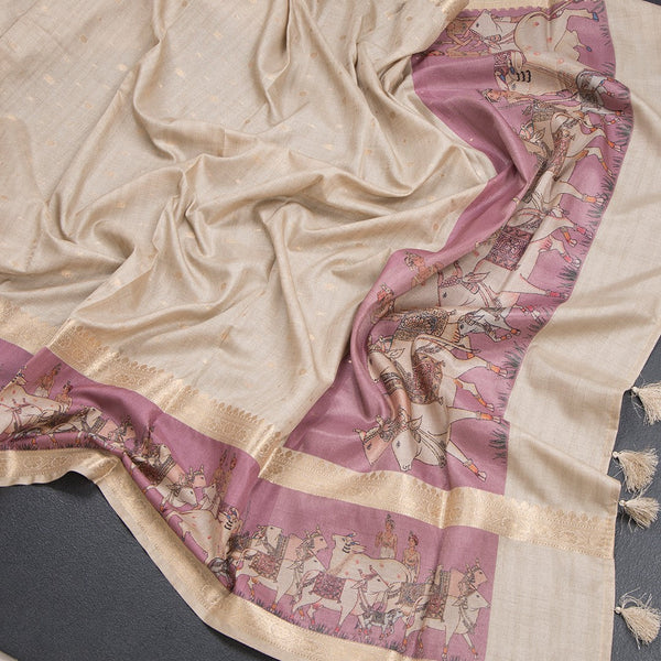 Tussar Cream Saree With Zari Buttas And Printed Border