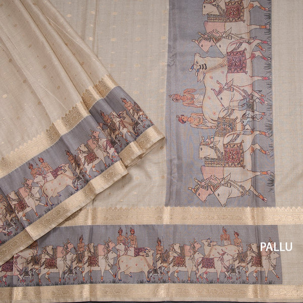 Tussar Cream Saree With Zari Buttas And Printed Border 02