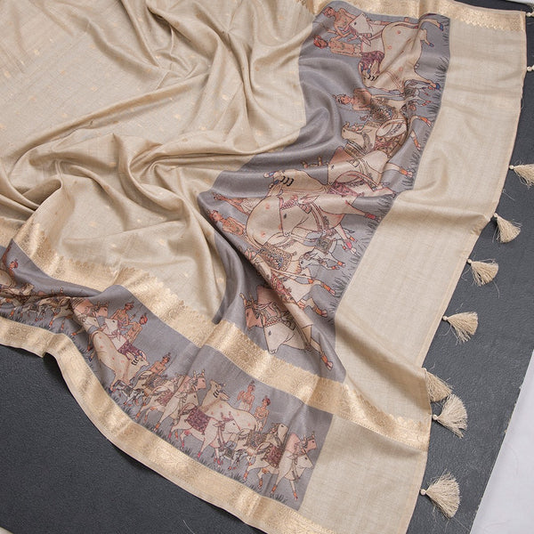 Tussar Cream Saree With Zari Buttas And Printed Border 02