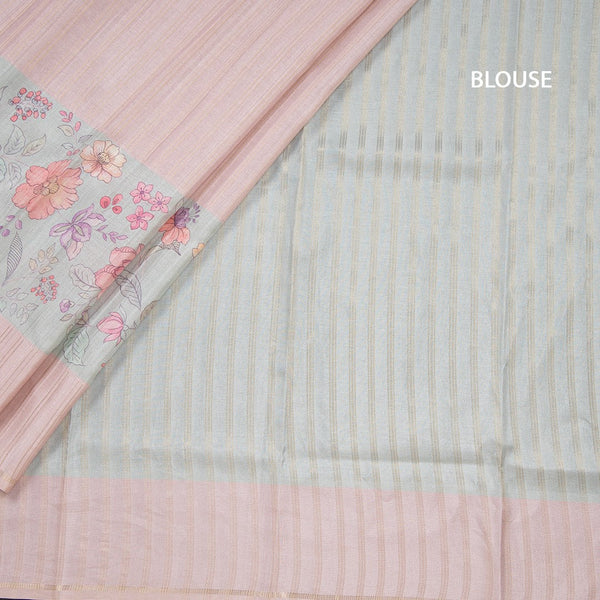 Tussar Light Brown Borderless Saree With Zari Stripes And Printed Design