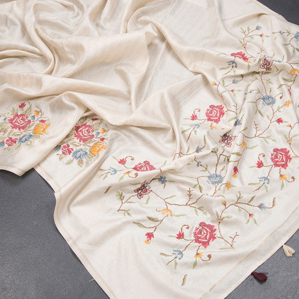 Tussar Cream Zari Stripes With Thread Work Saree