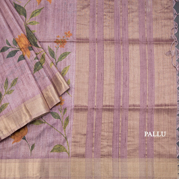 Tussar Onion Pink Floral Printed Saree With Zari Border