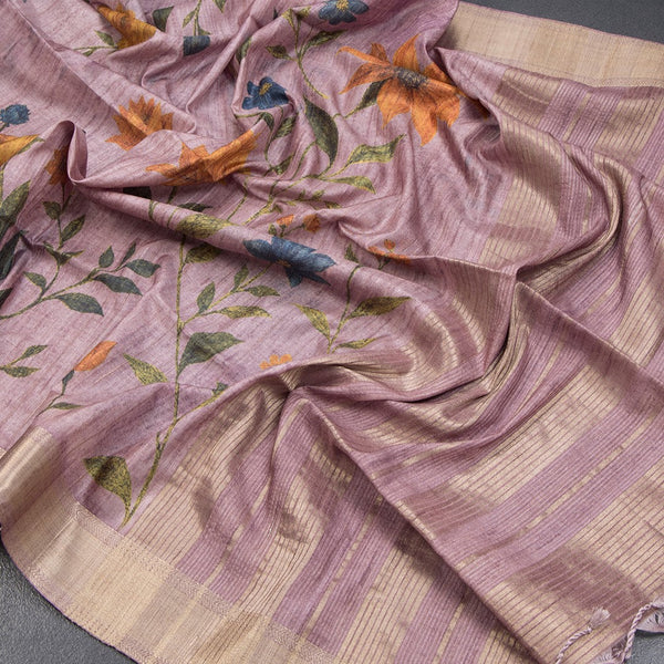 Tussar Onion Pink Floral Printed Saree With Zari Border