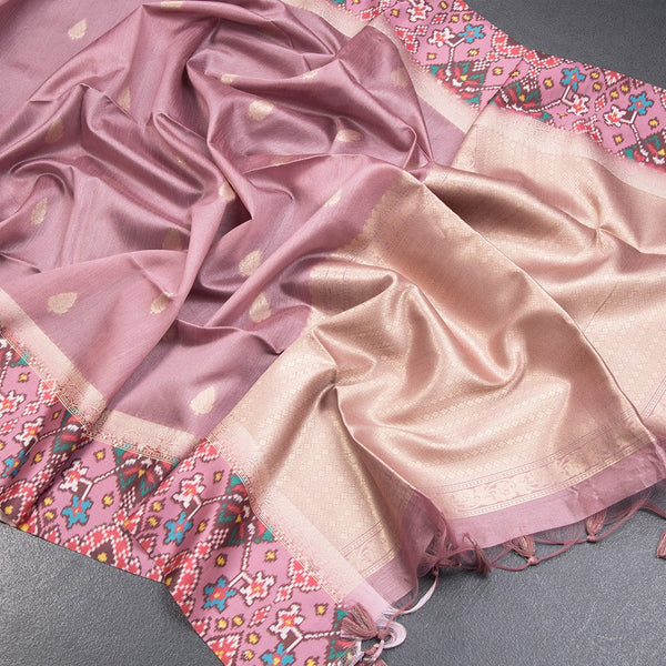 Tussar Onion Pink Saree With Zari Buttas And Printed Border