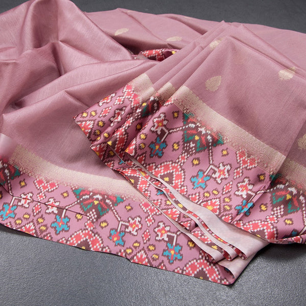 Tussar Onion Pink Saree With Zari Buttas And Printed Border