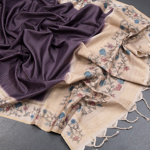 Tussar Dark Purple Zari Stripes Saree With Printed Border