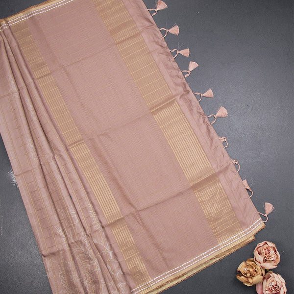 Tussar Light Brown Zari Checked Saree With Printed Work