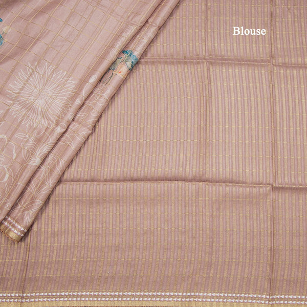 Tussar Light Brown Zari Checked Saree With Printed Work