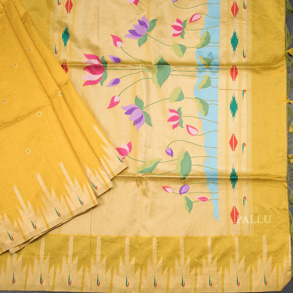 Raw Silk Mango Yellow Saree With Zari Buttas And Temple Border