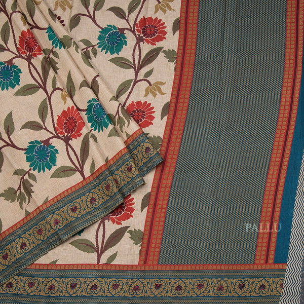 Tussar Cream Floral Printed Saree 04