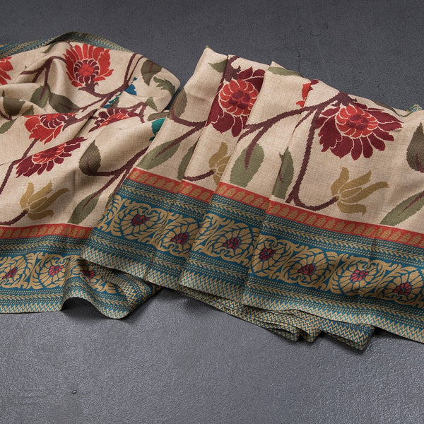 Tussar Cream Floral Printed Saree 04