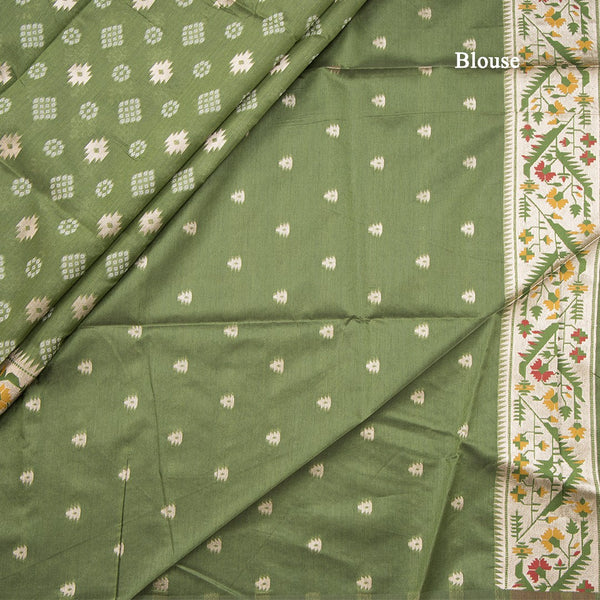 Raw Silk Pickle Green Zari Worked Saree With Printed Work