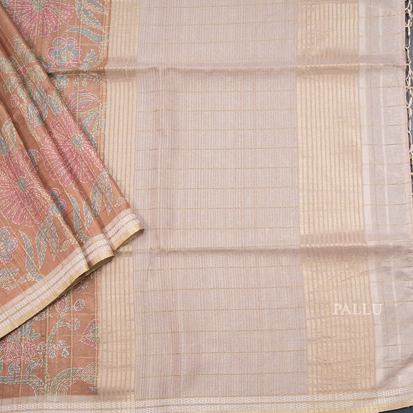 Tussar Choclate Brown Zari Checked Saree With Printed Work