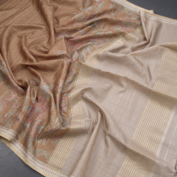 Tussar Choclate Brown Zari Checked Saree With Printed Work