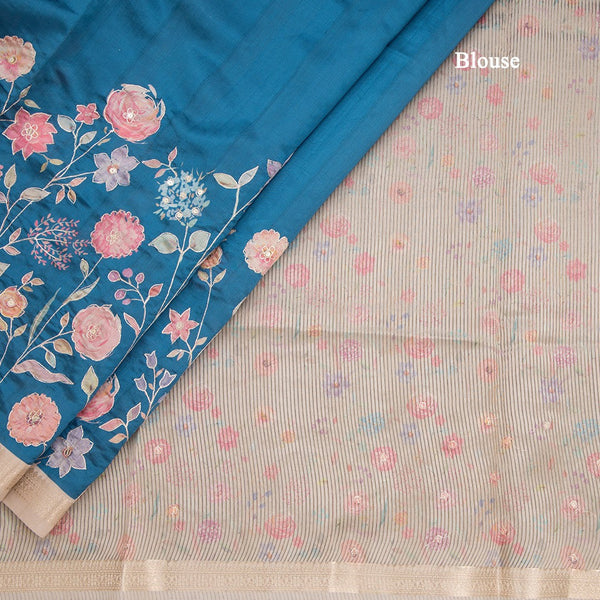 Katan Silk Peacock Blue Floral Printed Saree With Zari Border
