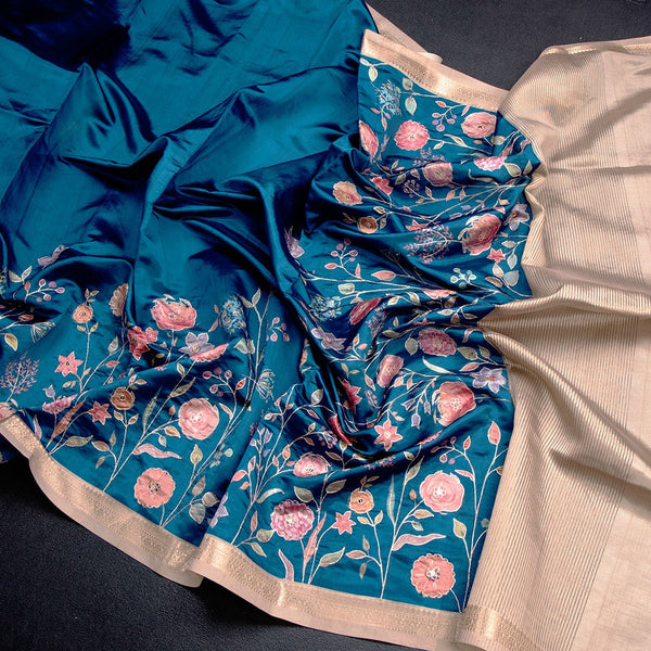 Katan Silk Peacock Blue Floral Printed Saree With Zari Border