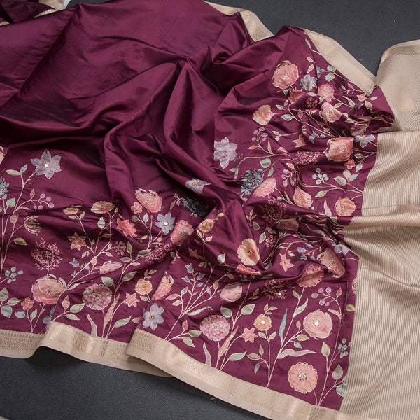 Katan Silk Wine Colour Floral Printed Saree With Zari Border