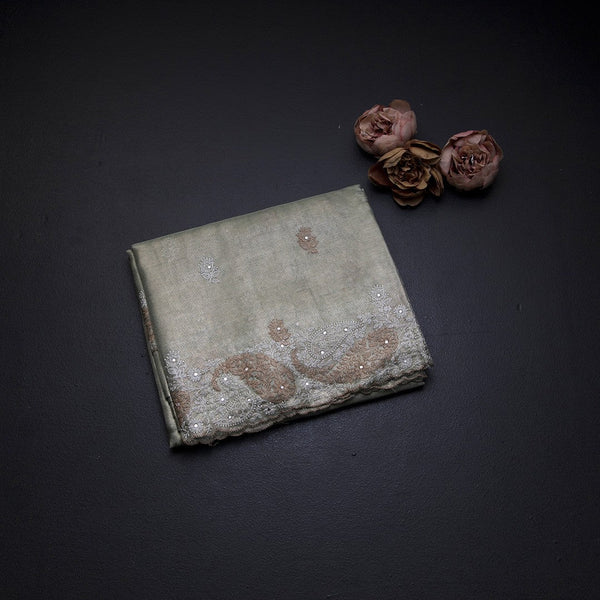 Tissue Kota Pista Green Thread Work Saree With Paisley Border