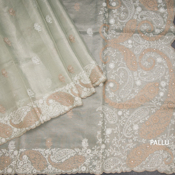 Tissue Kota Pista Green Thread Work Saree With Paisley Border