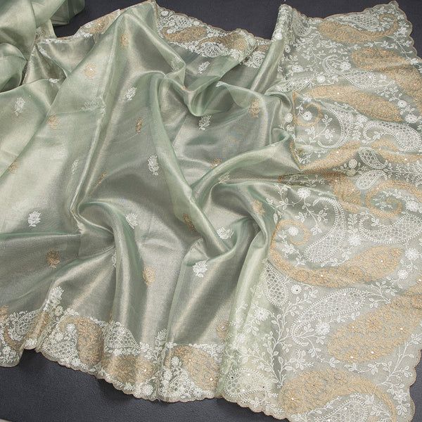 Tissue Kota Pista Green Thread Work Saree With Paisley Border