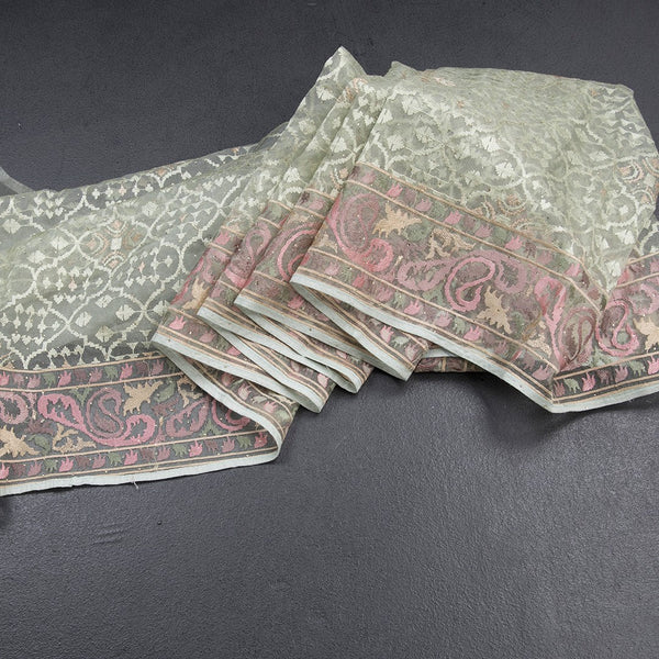 Organza Light Green Thread Work Saree With Paisley Border