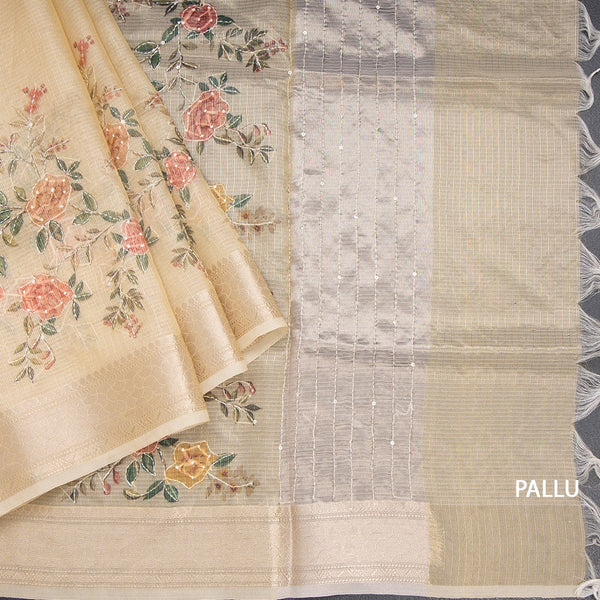 Kota Sandal Floral Printed With Thread Work Saree