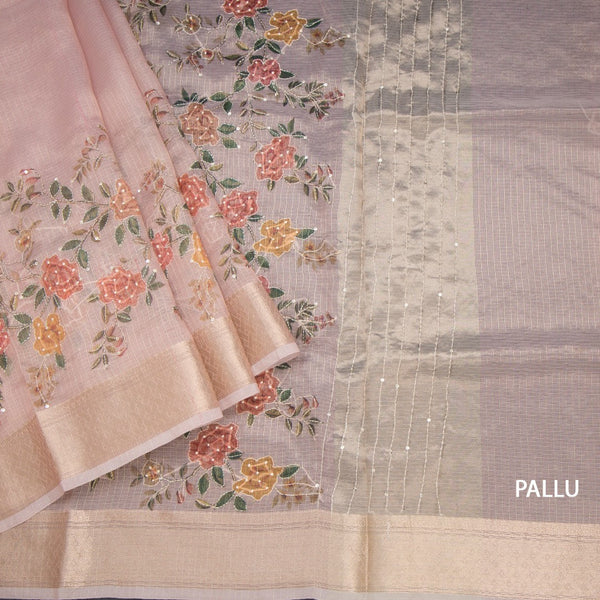 Kota Light Pink Floral Printed With Thread Work Saree
