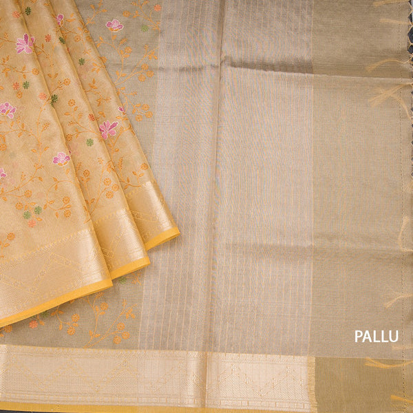 Tissue Kota Yellow Thread Work Saree With Zari Border