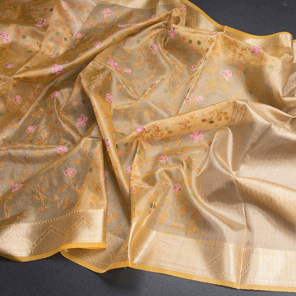 Tissue Kota Yellow Thread Work Saree With Zari Border