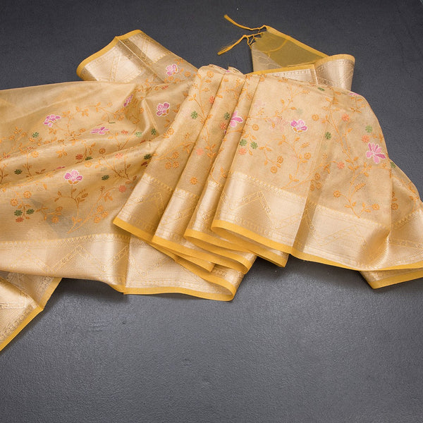 Tissue Kota Yellow Thread Work Saree With Zari Border