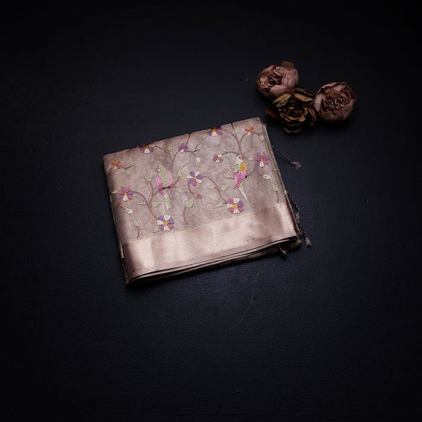 Tissue Kota Rose Gold Thread Work Saree With Zari Border