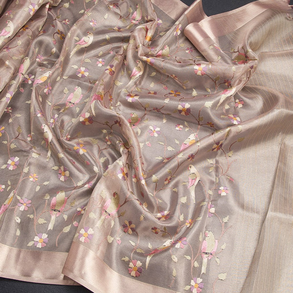 Tissue Kota Rose Gold Thread Work Saree With Zari Border