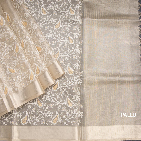 Tissue Kota Cream Thread Work Saree With Zari Border